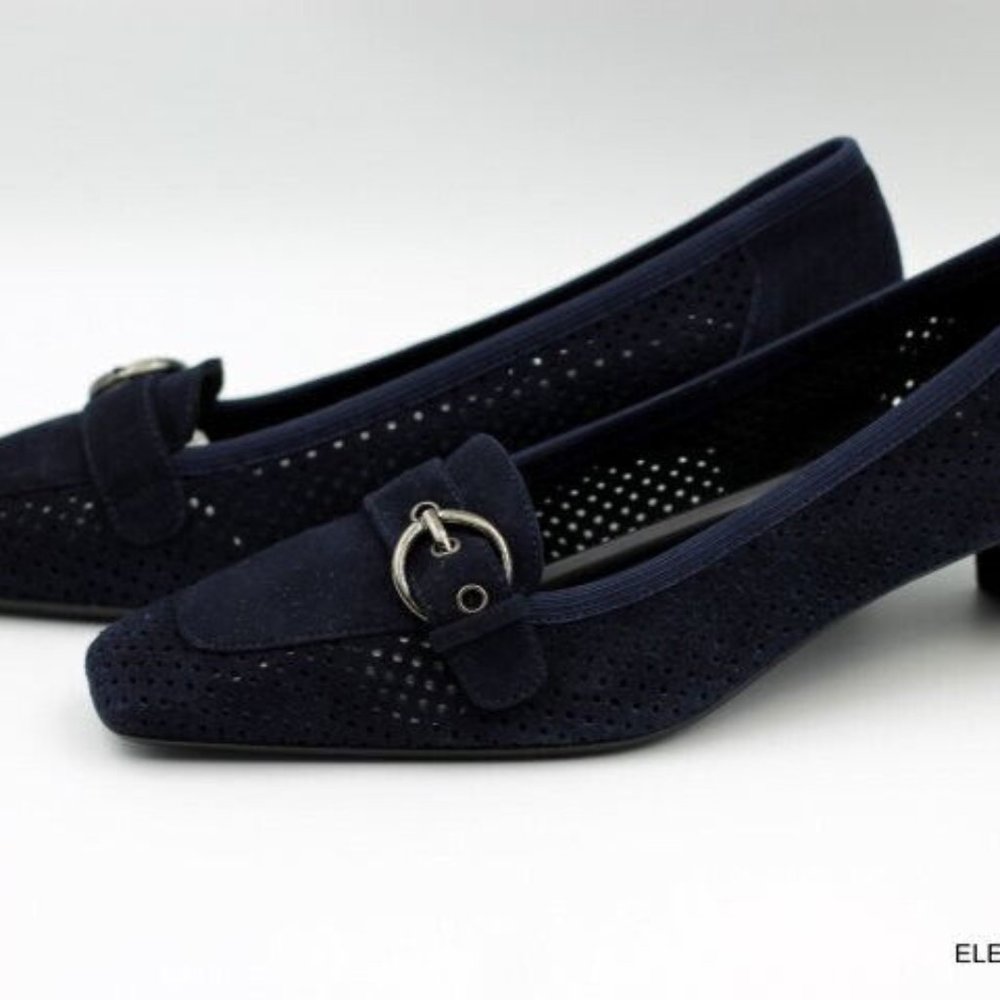 Stuart Weitzman Navy Suede Perforated Pumps 7 M Square Toe Slip On Heels Shoes